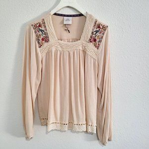 Knox Rose Beige Embroidered BoHo Peasant Blouse SZ S